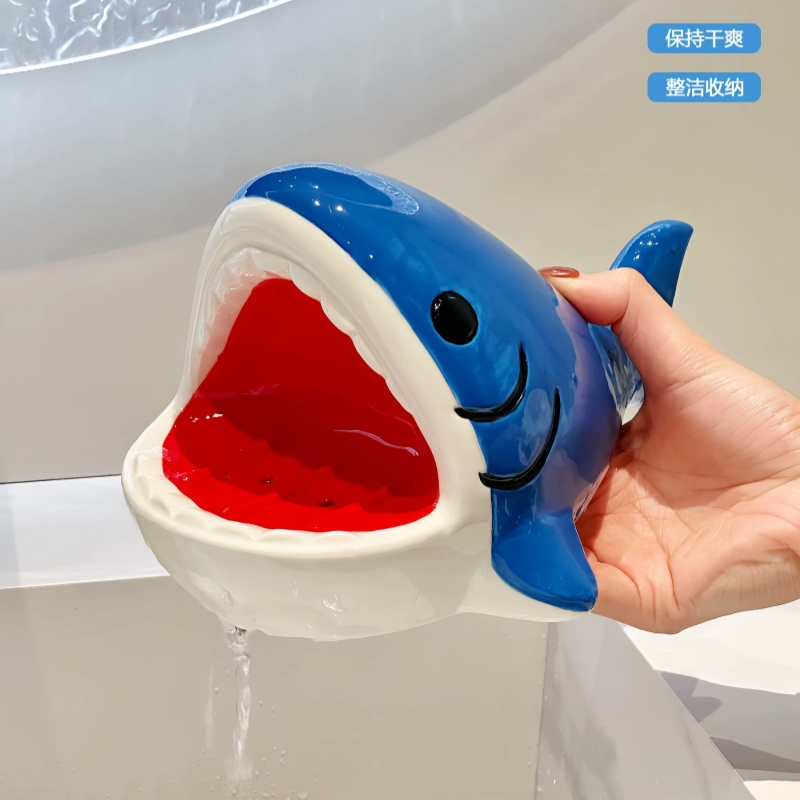 Home Edit Bathroom Storage - かわいい漫画風ビッグマウスシャークソープボックス、クリエイティブな水切り石鹸ホルダー、バスルーム/洗面所収納ラック、家の装飾/おもちゃのギフト