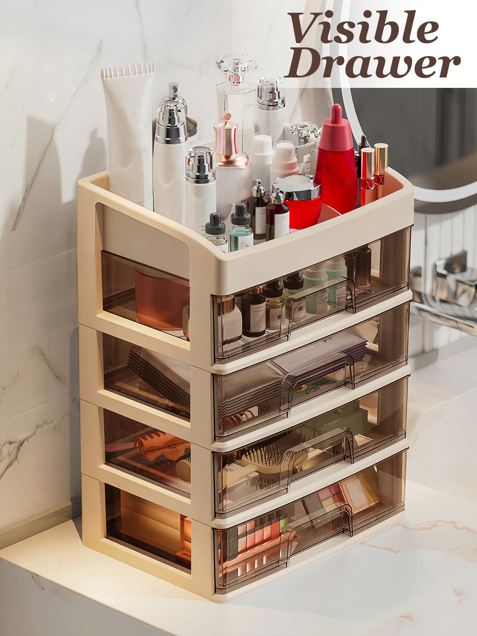 Home Essentials Bathroom Storage - メイクアップ収納オーガナイザー、メイク用品収納引き出し、透明なプラスチック製の洗面台用収納オーガナイザー。キッチンキャビネット、バスルーム、家庭での整理整頓や収納に最適。口紅、薬、ネイル用品、寮の必需品などを簡単に収納できます。