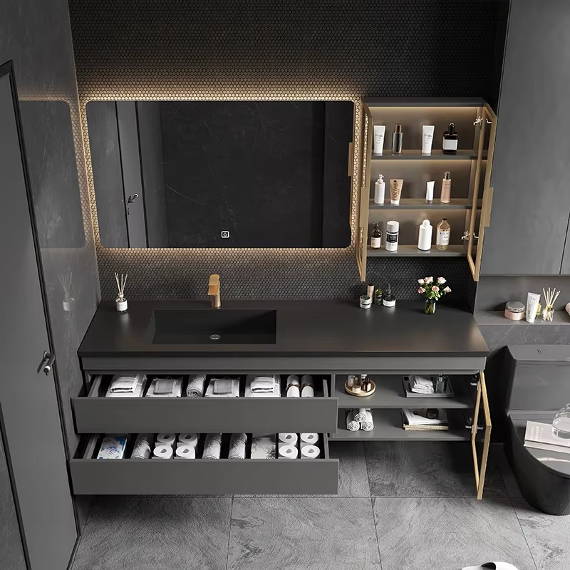 クラシック北欧照明付きバスルームキャビネットミラーブラックホ - Home Bathroom Vanity Combo のレビューと価格